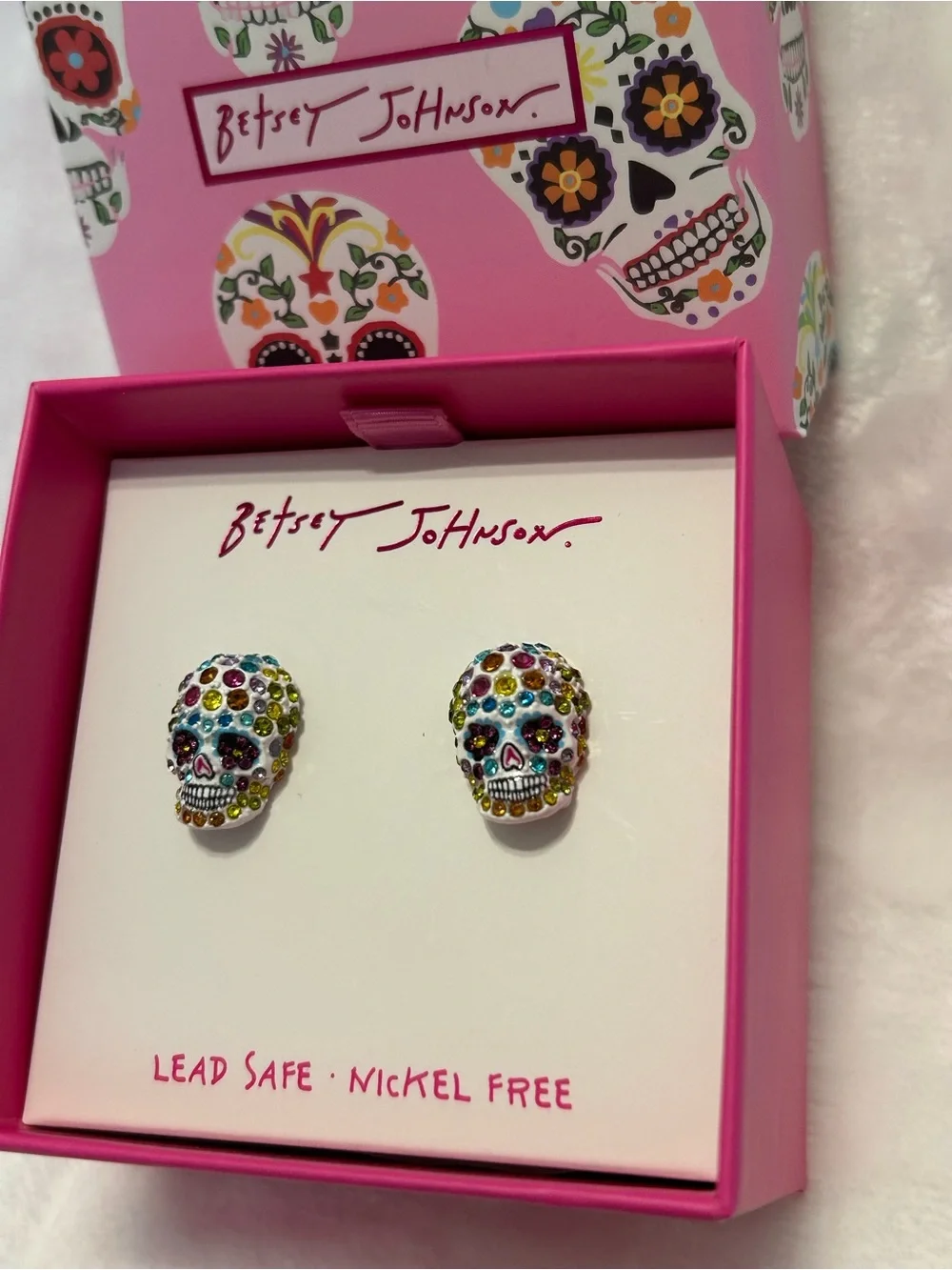 Betsey Johnson White Sugar Skull Crystal Stud Earrings NWT